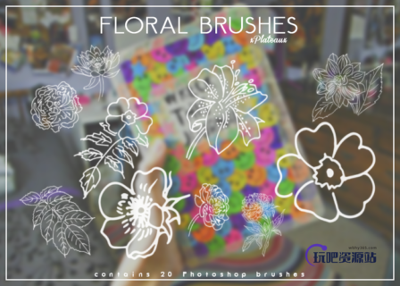 线框式花朵、盛开的鲜花图案Photoshop花朵图案笔刷-玩吧资源站