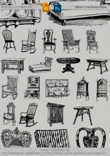 手绘复古涂鸦家具、椅子、桌子、柜子等图形PS笔刷下载-玩吧资源站