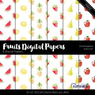 可爱的水彩水果背景、西瓜、柠檬、菠萝、草莓、梨、苹果Photoshop填充素材(JPG图片格式)-玩吧资源站