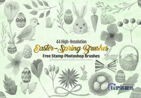 44种高清水彩兔子、小鸟、鲜花图案、鸟窝、彩蛋等Photoshop装饰美图笔刷-玩吧资源站