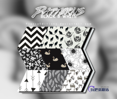 黑白版刻式猫咪、纸飞机、天鹅、羽毛、鲜花、箭头、动物等图案填充Photoshop底纹素材.pat-玩吧资源站