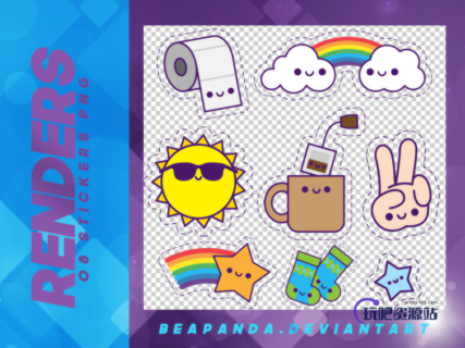 可爱卡通风格的太阳、卫生卷纸、彩虹、胜利手势、茶杯等韩国笔刷风格下载（PNG免扣图透明格式）-玩吧资源站