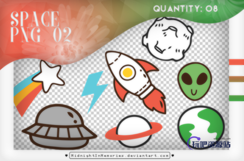 8种可爱卡通火星人太空元素、飞船、火箭、月球、地球等韩国笔刷风格下载（PNG免扣图透明格式）-玩吧资源站
