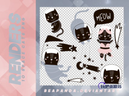 10种可爱呆萌黑猫酱卡通图形韩国笔刷风格下载（PNG免扣图透明格式）-玩吧资源站