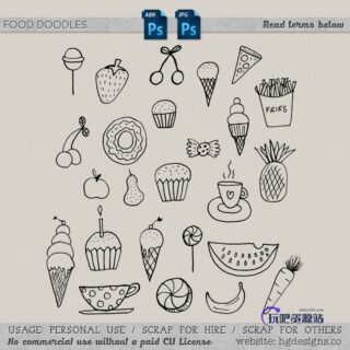 可爱童趣手绘纸杯蛋糕、冰淇淋、咖啡杯、西瓜、樱桃、披萨、薯条、糖果等PS童趣美图笔刷-玩吧资源站