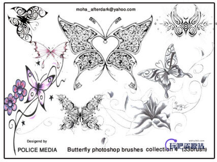 漂亮的花纹式蝴蝶图案Photoshop笔刷素材下载-玩吧资源站