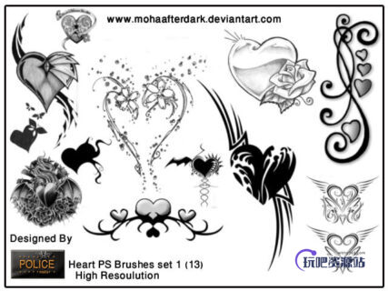非主流爱心艺术、欧式吸血鬼情人节心形元素PS笔刷素材下载-玩吧资源站