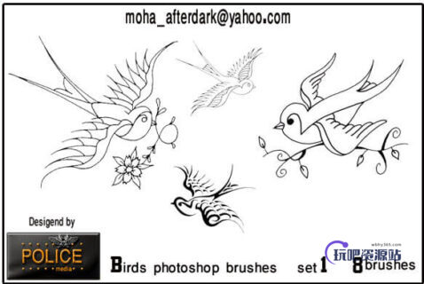 可爱线框式小燕子图像PS笔刷素材下载-玩吧资源站