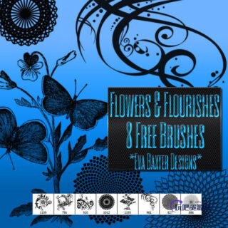 漂亮的植物和蝴蝶花纹图案PS笔刷素材下载-玩吧资源站