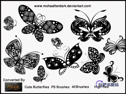 漂亮的剪纸式蝴蝶印花、花纹式彩蝶图案PS笔刷素材下载-玩吧资源站
