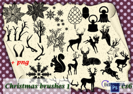 圣诞节卡通装饰品麋鹿、圣诞节树叶、圣诞铃铛PS笔刷素材下载-玩吧资源站