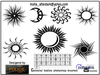 花式太阳、月亮花纹刺青、纹饰、纹身图案PS笔刷素材下载-玩吧资源站