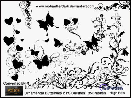 漂亮的蝴蝶与植物艺术花纹图案Photoshop笔刷素材下载-玩吧资源站