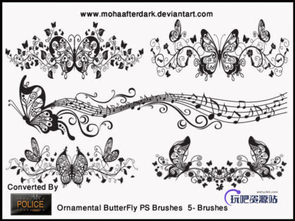 华丽漂亮的音乐蝴蝶艺术花纹图案Photoshop笔刷素材下载-玩吧资源站