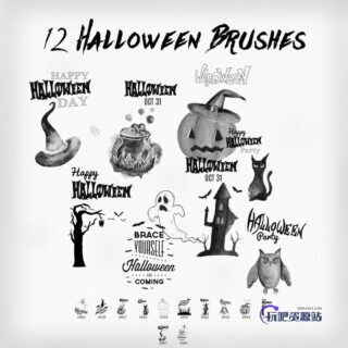 12种万圣节卡通水彩图形PS免费笔刷素材-玩吧资源站