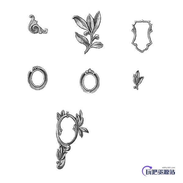 手绘素描式植物花纹图案、徽章、金属花纹装饰PS笔刷素材下载