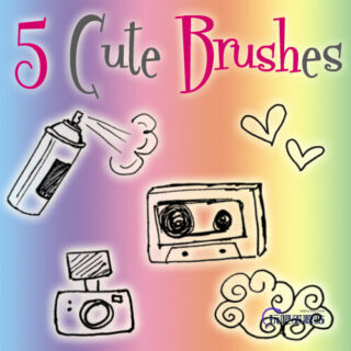 可爱卡通的童趣手绘喷漆罐、磁带、照相机、爱心、云朵图案Photoshop笔刷素材-玩吧资源站