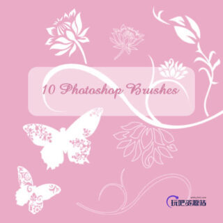 优美的蝴蝶与绽放的鲜花花朵图案PS笔刷素材下载-玩吧资源站