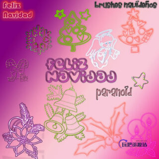 圣诞节装扮元素、圣诞树、雪花、天使、礼物、铃铛、蜡烛等PS手绘线框笔刷-玩吧资源站