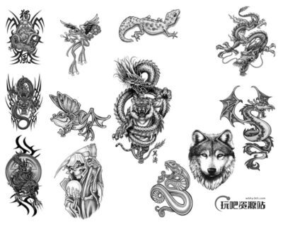 恐怖纹饰、刺青宗教神话中的纹身骷髅头、恶龙、魔龙刺青图案PS笔刷素材-玩吧资源站