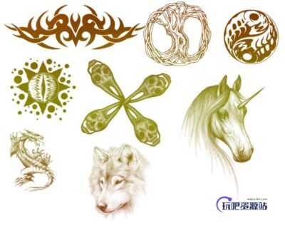 恶魔纹身、独角兽、雪狼、恶龙徽章图案PS笔刷素材下载-玩吧资源站