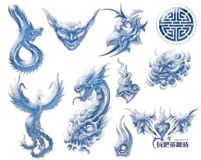 酷炫的恶魔火龙、蛟龙、火凤凰、魔鬼、鲜花等纹身刺青图案PS笔刷素材-玩吧资源站