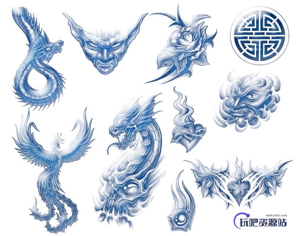 酷炫的恶魔火龙、蛟龙、火凤凰、魔鬼、鲜花等纹身刺青图案PS笔刷素材
