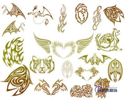 火焰风格纹身刺青图案、火焰恶龙、火焰爱心、火焰蝙蝠、火焰猛虎、火焰翅膀PS笔刷-玩吧资源站