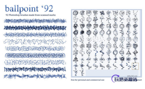 92种不同的细笔触涂鸦划痕纹理Photoshop笔刷素材-玩吧资源站