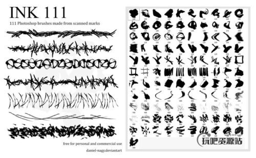 111种刷子、毛刷、颜料画笔涂鸦痕迹Photoshop笔刷素材下载-玩吧资源站