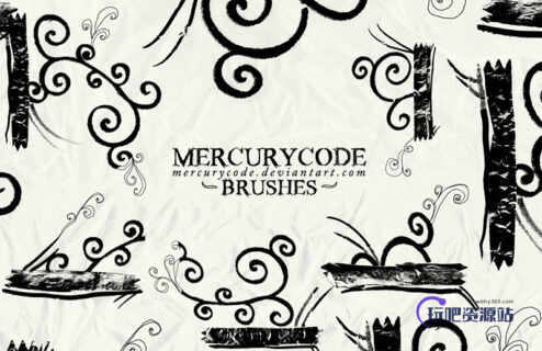 手绘涂鸦卷曲花纹艺术图案Photoshop笔刷素材下载-玩吧资源站
