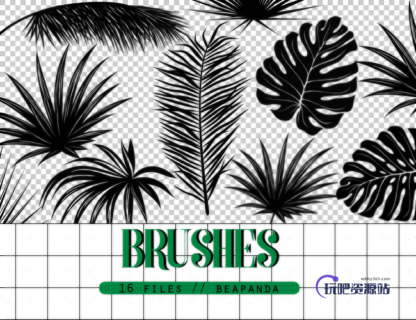 热带植物叶子图形Photoshop笔刷素材下载-玩吧资源站