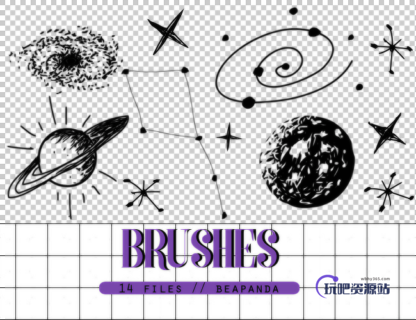 涂鸦宇宙元素星球、星星图案Photoshop卡通笔刷素材-玩吧资源站