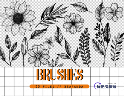 手绘精美鲜花花朵图案、植物印花PS花纹笔刷素材-玩吧资源站
