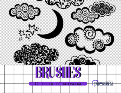 11种可爱卡通云朵、月亮、星星装饰图案Photoshop笔刷素材下载-玩吧资源站