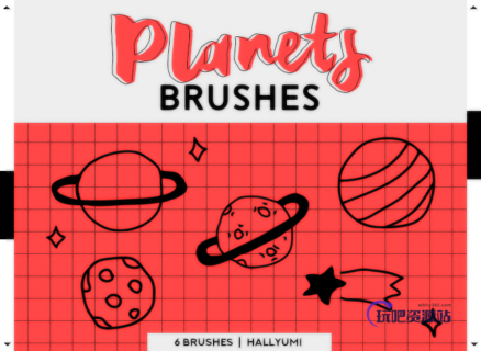 6种可爱童趣手绘星球图案、卡通宇宙涂鸦Photoshop笔刷素材下载-玩吧资源站