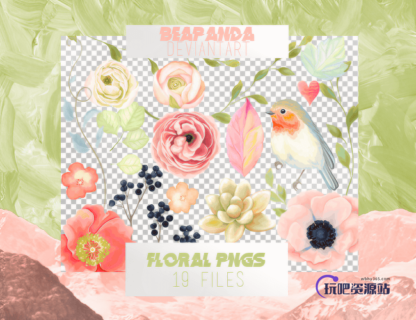 漂亮的水彩花朵、鲜花图案Photoshop笔刷素材下载（PNG图片格式）-玩吧资源站