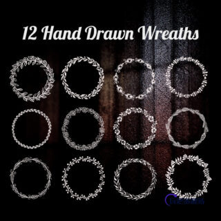 12种优美的植物枝条编制的花环、花圈图案PS笔刷素材下载-玩吧资源站