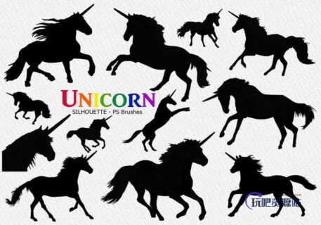 20种天马、独角兽剪影图形PS笔刷下载-玩吧资源站