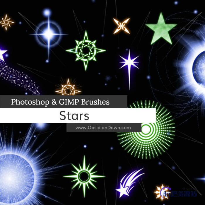 宇宙星星图案、五角星、星球、星光纹饰Photoshop笔刷素材下载