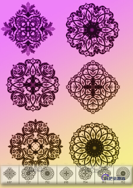 7种漂亮的鲜花花纹图案、贵族式窗花纹理Photoshop笔刷素材下载