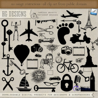 钥匙、飞机、剪刀、脚印、铁塔、电动车、自行车、眼镜、帆船、麦克风、老爷车等生活元素图形PS笔刷素材下载-玩吧资源站