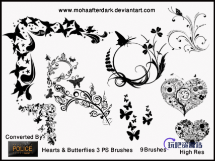 漂亮优美的艺术系植物花朵、蝴蝶印花图案PS笔刷下载-玩吧资源站