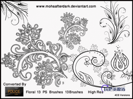 漂亮的精美手绘艺术花纹、印花图案PS笔刷下载-玩吧资源站