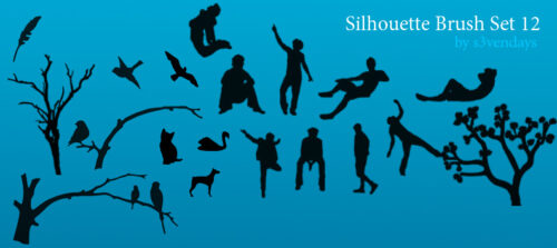 运动的人物、人像、树枝、小鸟轮廓剪影图形PS笔刷下载-玩吧资源站