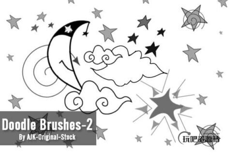 童趣手绘星星、月亮、云朵图案PS笔刷素材下载-玩吧资源站