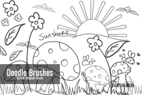 超级可爱童趣涂鸦、幼稚呆萌的手绘蘑菇、鲜花、青草、太阳PS笔刷图案素材-玩吧资源站