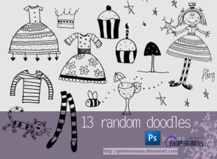 13种可爱童趣涂鸦元素少女童装、公主裙、纸杯蛋糕、长筒袜、猫咪等PS美图笔刷-玩吧资源站