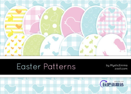 可爱小鸟、小鸡与兔子卡通图案Photoshop填充图案文件底纹素材 .pat 下载-玩吧资源站