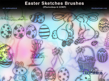 复活节彩蛋、与卡通兔子Photoshop笔刷素材下载-玩吧资源站